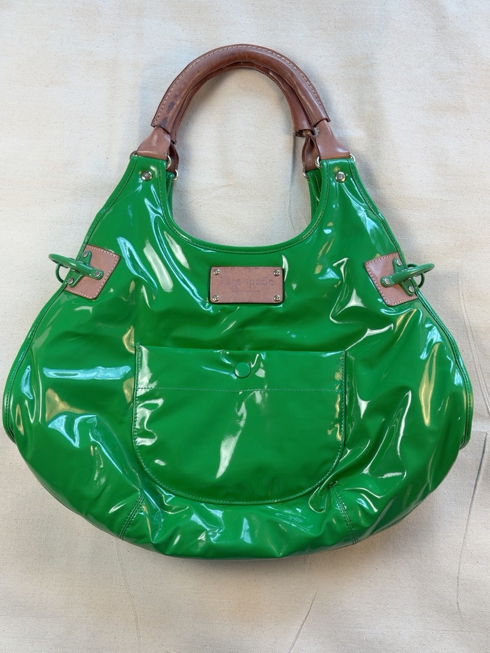 Kate Spade New York Green Patent Hobo Bag Brown Leather Handles Vintage